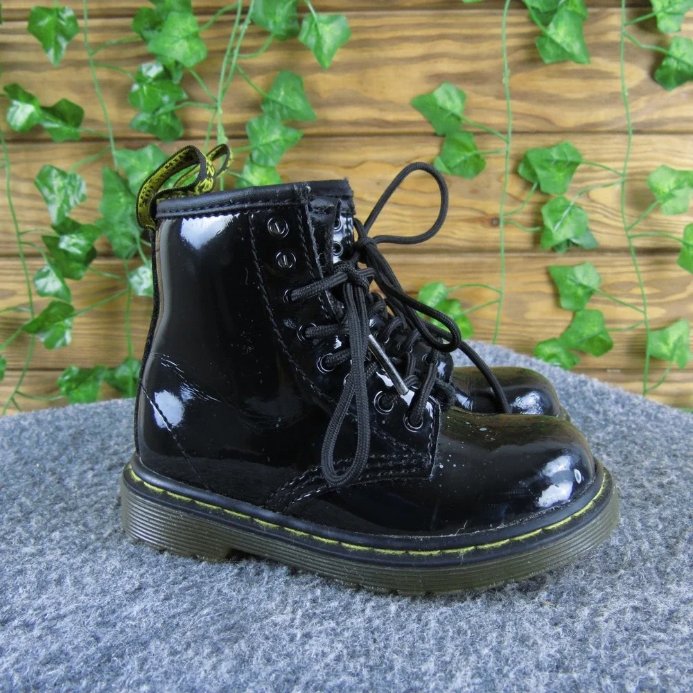 Dr. Martens Brooklee Toddler Black Patent Leather Ankle Boots Lace Up Side Zip 7